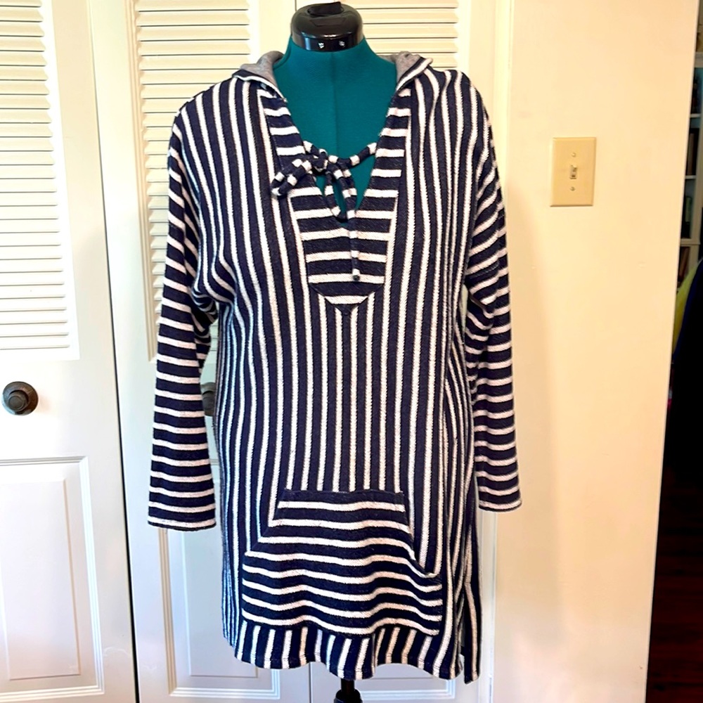 Navy/white stripe cotton knit cover-up with hood.